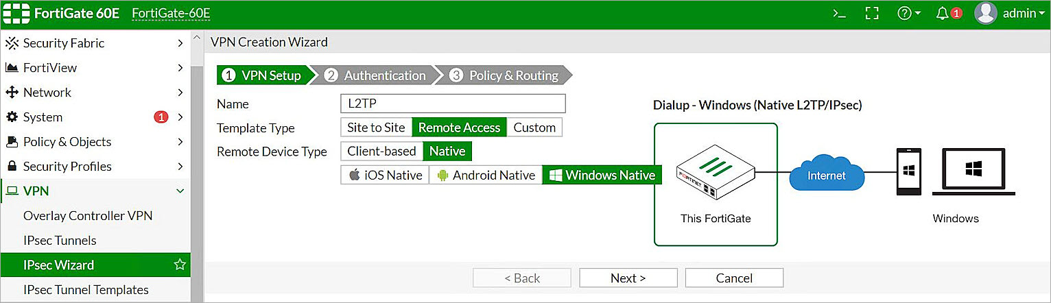 Screenshot of VPN setup